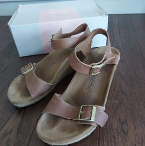 Papillio Birkenstock Soley Wedge, Leather Cognac with gold buckles